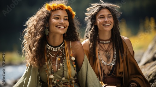 Two women with flowers in their hair wearing traditional native american dresses by a lake