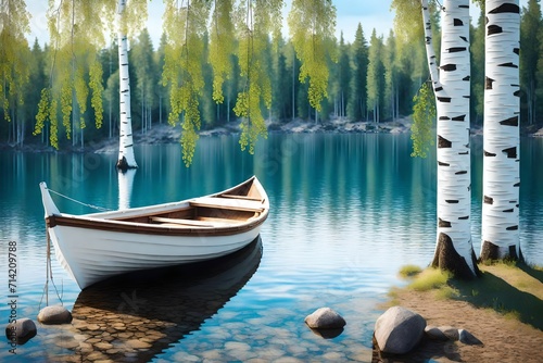 The beautiful landscape of a white simple wooden boat tied to a birch tree  photo