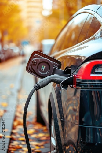 Close-up of an electric car charging. Ecology transportation concept