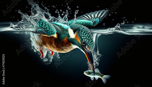  A kingfisher plunges into clear water, creating a dynamic splash, catching a fish, with vivid colors and detailed water droplets against a dark background.Birds behavior concept. AI generated. photo