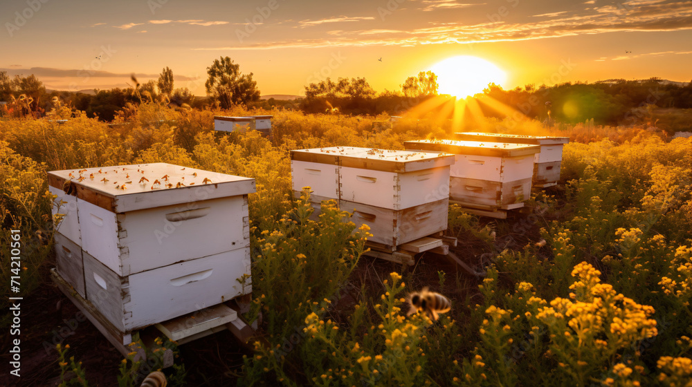 Bee boxes full of bees at sunset Bee boxes full of bees at sunset