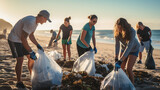 A group of people pick up trash on a beach