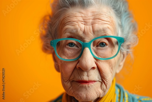 Stylish Senior Lady with Turquoise Glasses on Orange