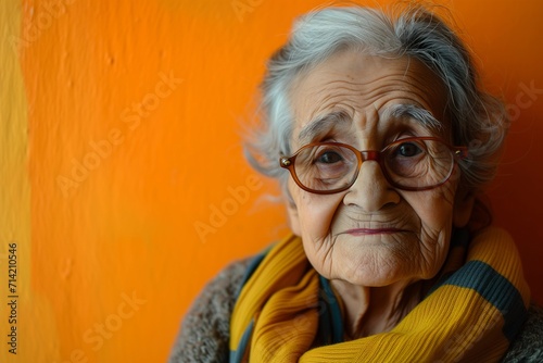 Senior Woman in Glasses Against Warm Orange Backdrop