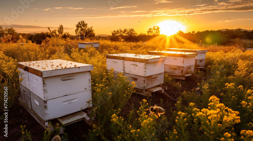 Bee boxes full of bees at sunset