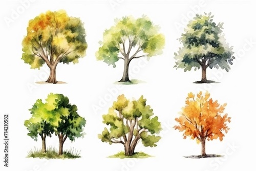 Watercolor tree illustration isolated on white background with various elements of wind, apple, oak, maple, and poplar in summer. Generative AI © Kato