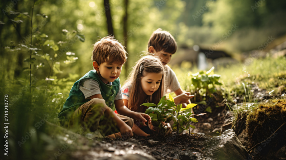 Three kids planting tree with roots and grass in forest Three kids planting tree with roots and grass in forest