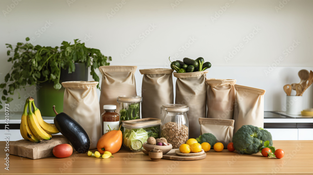Small dining room table with colorful fresh produce bags Small dining room table with colorful fresh produce bags