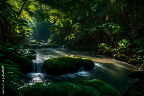 A thin stream of water in the jungle  winding through a mystical grove of ancient trees and ferns