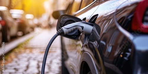 Close-up of an electric car charging. Ecology transportation concept © piai