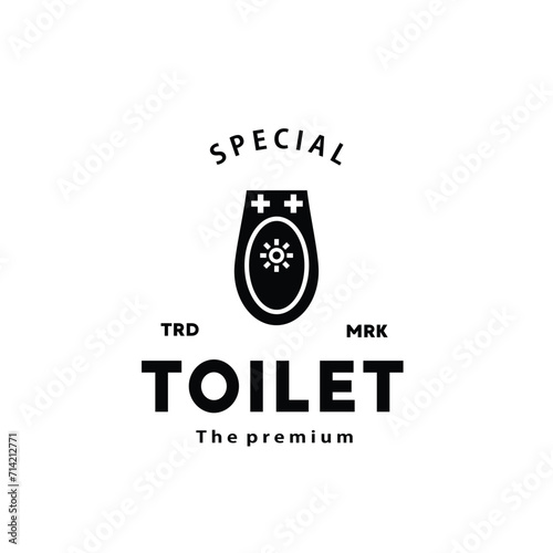 Toilet silhouette hipster logo bowl sanitaryware vector bathroom. Bidet toilet line icon interior top view