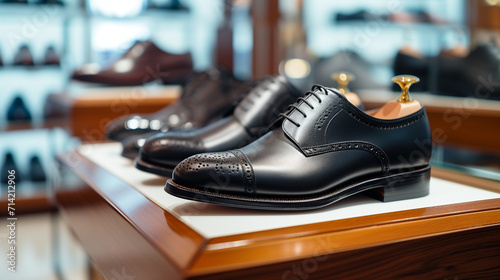 A lovely pair of black brogue Oxford dress shoes are on display in a mall store. Shoe trees inserted. 