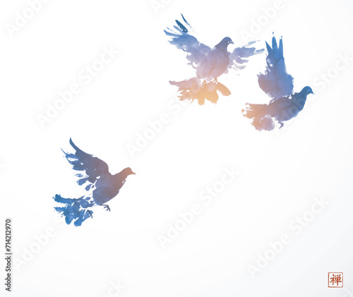 Three pigeons in the traditional Japanese sumi-e ink wash style on white background, conveying movement and grace. Translation of hieroglyph - zen
