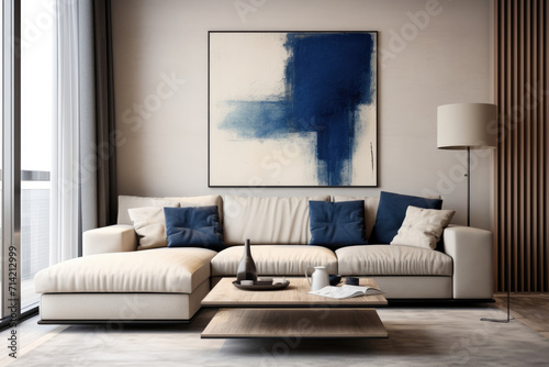 Painting wall modern minimal living room interior design indigo drab colors photo