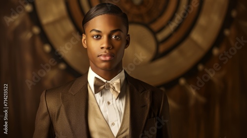 Photorealistic Teen Black Man with Brown Straight Hair retro Illustration. Portrait of a person in vintage 1920s aesthetics. Historic movie style Ai Generated Horizontal Illustration. photo
