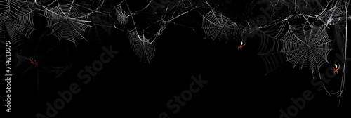 Real creepy spider webs hanging on black banner photo