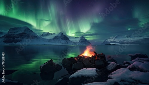 View of night sky with multicolored aurora borealis and snowy mountains peak background. Night glows in vibrant aurora reflection on the lake with forest. 