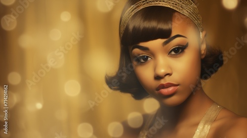 Photorealistic Teen Black Woman with Brown Straight Hair retro Illustration. Portrait of a person in vintage 1920s aesthetics. Historic movie style Ai Generated Horizontal Illustration.
