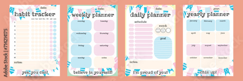 A set of templates for a4 planner, notepad. Habits tracker, daily, weekly, annual list. Schedule, goals, mood, notes. A fun, childish style with flags. Vector illustration