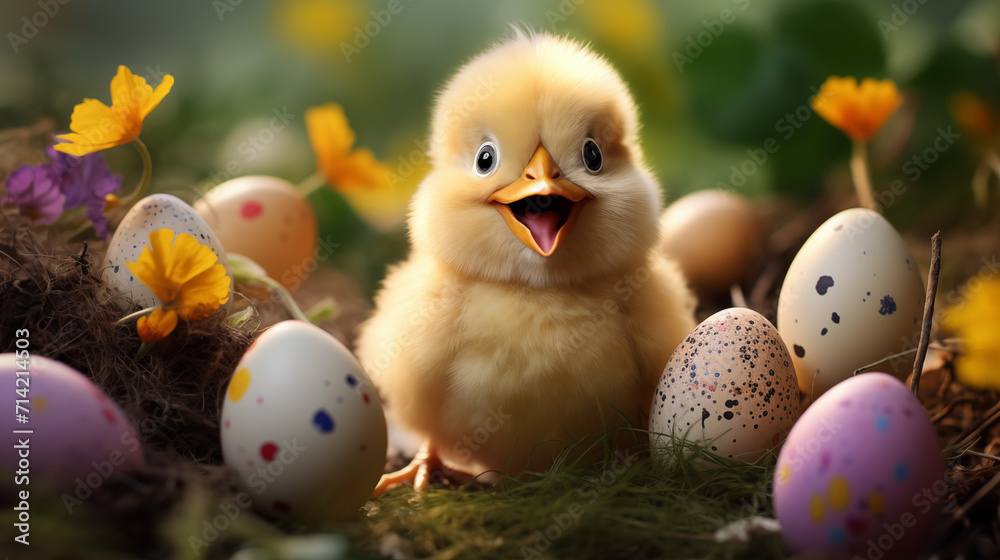 A smiling little chicken stands on the table, there are eggs and daffodils around, Easter content, illustration (generated using artificial intelligence). A smiling little chicken stands on the table, there are eggs and daffodils around, Easter content, illustration (generated using artificial intelligence).