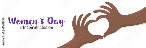 Inspireinclusion. 2024 International Women's Day. a horizontal banner. Female hands with dark skin in the shape of a heart. With an inscription on a white background. Vector illustration.