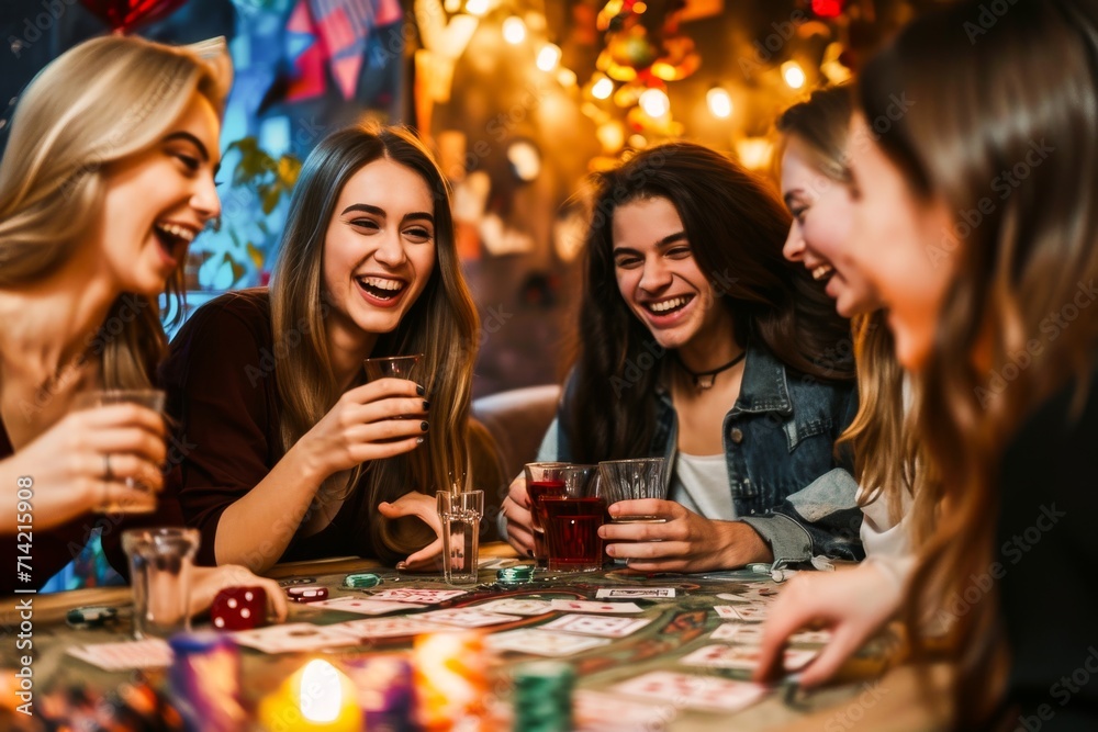 A group of young women laughing and enjoying a fun game night together indoors. A group of young women laughing and enjoying a fun game night together indoors.