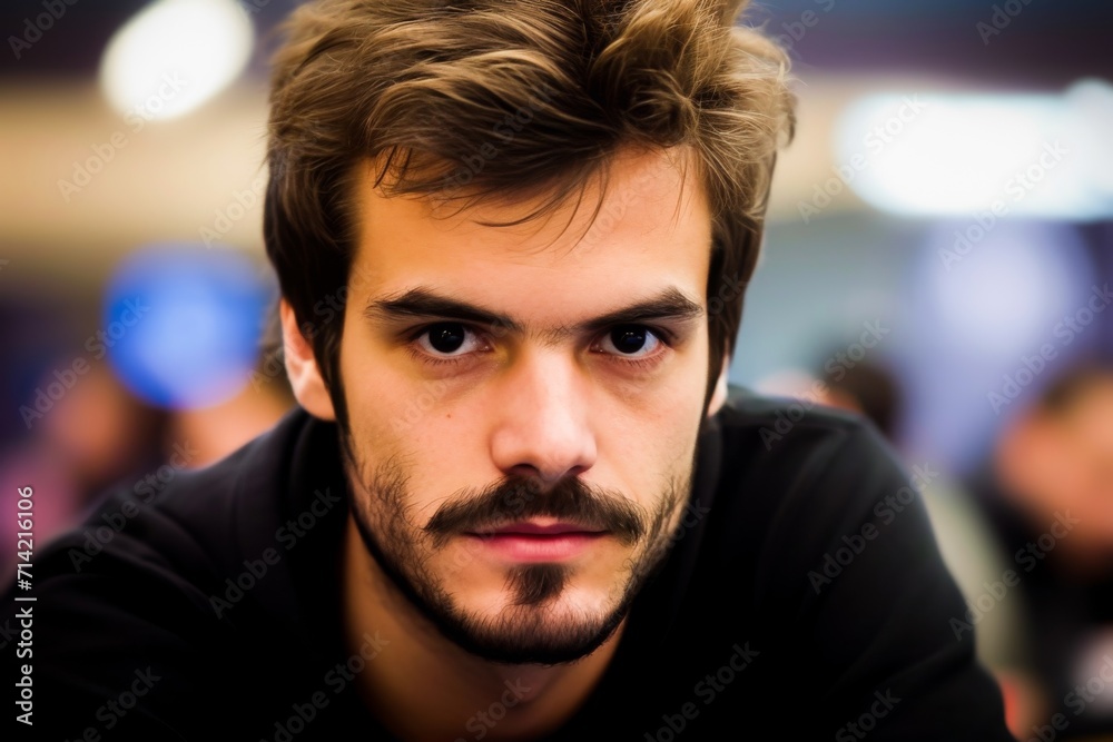 Close-up portrait of a young bearded man with an intense gaze, looking confidently at the camera. Close-up portrait of a young bearded man with an intense gaze, looking confidently at the camera.