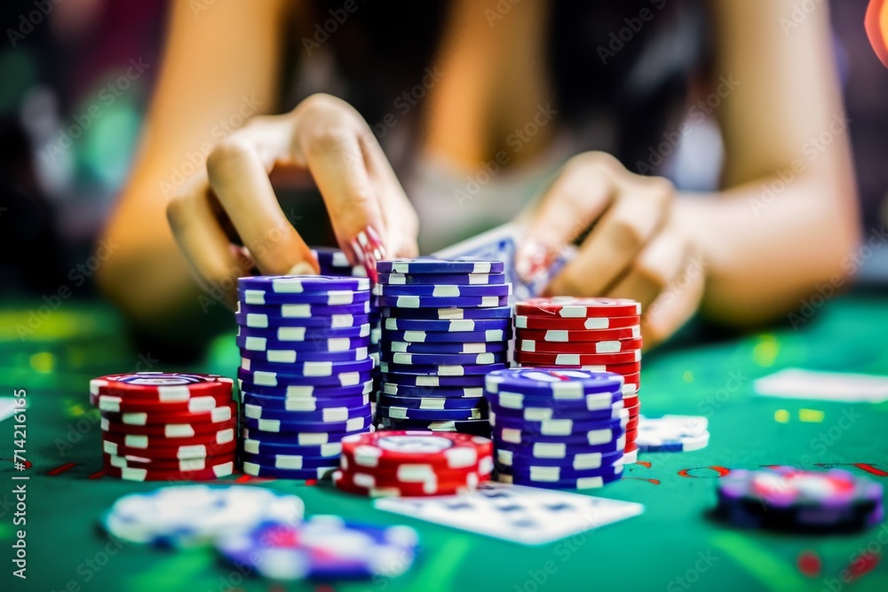 Close-up image of a person stacking colorful poker chips on a green casino table during a high-stakes game. Close-up image of a person stacking colorful poker chips on a green casino table during a high-stakes game.