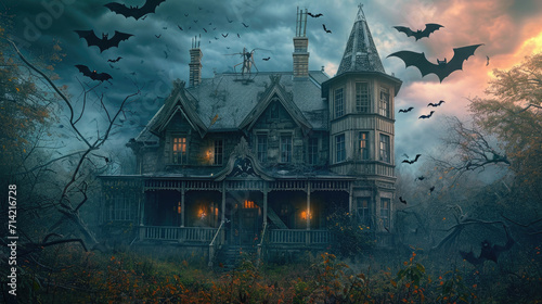 Haunted house with bats and spiders. © OLGA