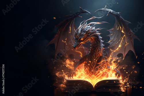 Fiery Dragon Emerging from Book