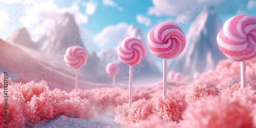 Lollylops sweet lansdcape background. Candyland scene for game or presentation design. Holiday, baby shower, birthday concept.