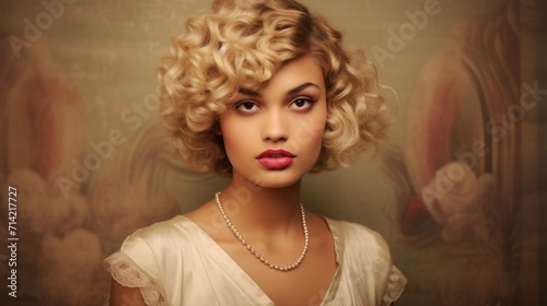 Photorealistic Teen Indian Woman with Blond Curly Hair retro Illustration. Portrait of a person in vintage 1920s aesthetics. Historic movie style Ai Generated Horizontal Illustration.