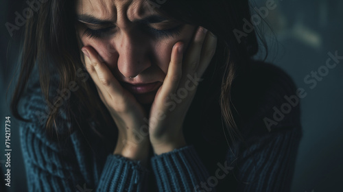 Sad, Depressed Woman: Grieving, Crying, Folded Hands, Tears Eyes - Depicting Life Difficulties, Depression, and Mental Emotional Struggles