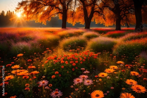 meadow with colourful autumn flowers. © sundas