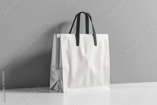 White paper bag and handle vector mockup. Shopping package mock up to carry food front view icon merchandising design collection. 3d retail reusable branding merchandise,