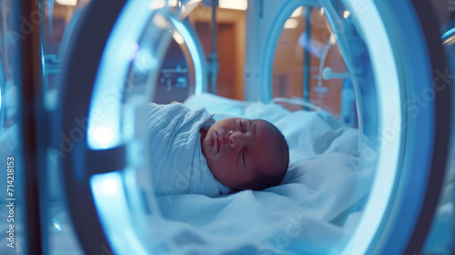 Peaceful Newborn Baby Resting in a Hospital Incubator
