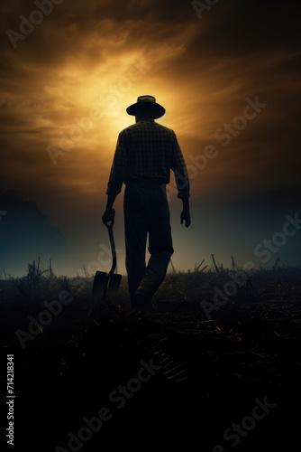 Photo of agricultural farm worker silhouette in dark ambiance