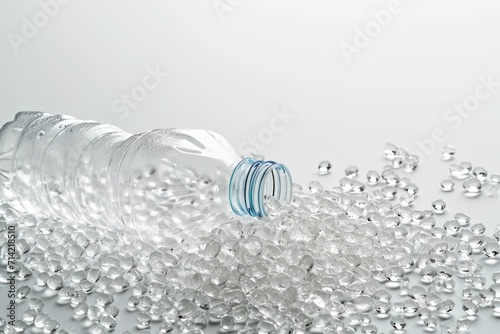 Transparent plastic bottle and PVC granulate background, recycled plastic granules, biodegradable plastic. Granules of eco-friendly plastic raw material. photo