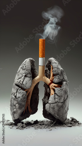 Cancer des poumons danger du tabac, risque de la cigarette - mois sans tabac en novembre. Une cigarette qui fume et transforme les poumons en cendres grises tabagisme addiction photo