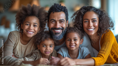 Portrait of a happy mature couple with 3 daughters. Middle-aged black woman with her husband and children smiling and looking at the camera. Beautiful middle-aged African-American family. © ProstoSvet
