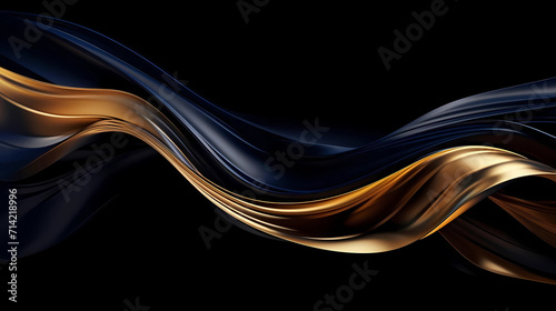 abstract dynamic shiny navy blue and gold colors energy flow wave curve lines against a sleek black background photo