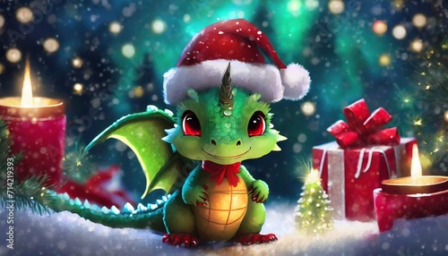 green little dragon with santa hat with christmas 