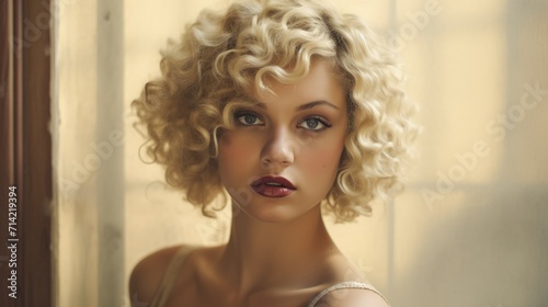Photorealistic Teen Latino Woman with Blond Curly Hair retro Illustration. Portrait of a person in vintage 1920s aesthetics. Historic movie style Ai Generated Horizontal Illustration.