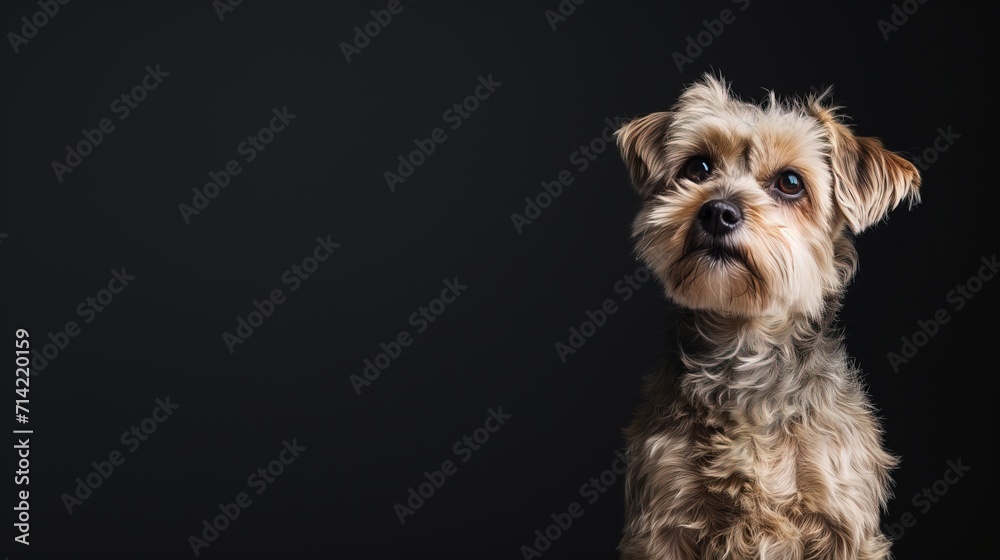 Yorkshire terrier, black studio background, copy space for text and other elements Yorkshire terrier, black studio background, copy space for text and other elements
