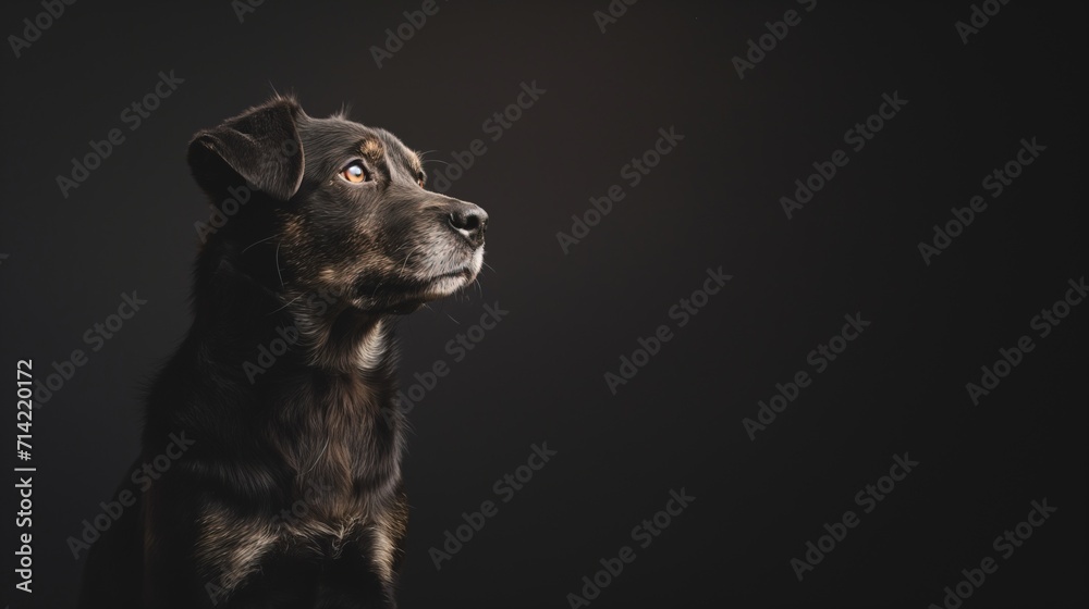 Obraz premium Black labrador puppy, plain black background, copy space for text and other elements 