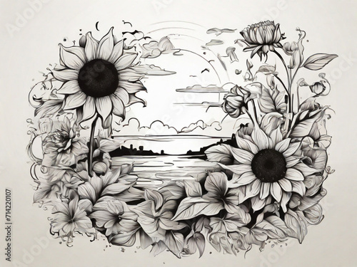 sun flowers background wallpaper illustration sketh black and white art photo
