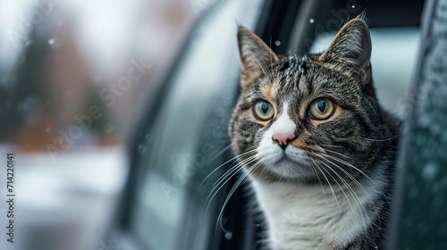 A kitten looking out of a car window during the trip. Curious cat with attentive eyes during a road trip. Close-up adorable cat looking on window car. photo
