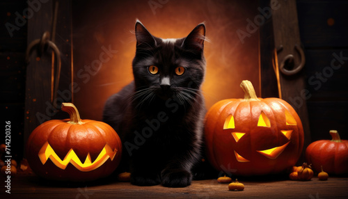 Photo of black cat standing among jack o lantern pumpkin faces