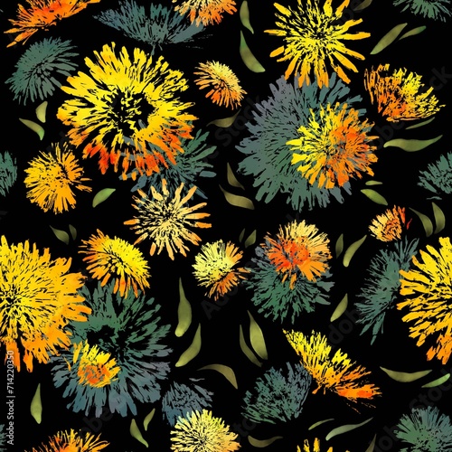 Seamless pattern of yellow dandelions with petals on a black background.For printing,fabric,towels,wrapping paper,postcards, scrapbooking, invitations, booklets, banners. © Anastasiia