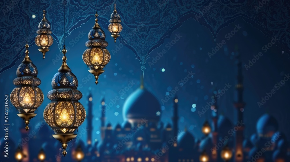 Obraz premium Ramadan Kareem celebration background illustration with Mosque, arabic lanterns and moon.